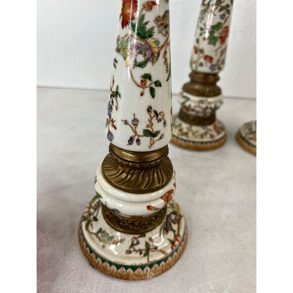 Vintage Chinoiserie Ceramic Obelisk Set 3 Brass Elephant Finials Famille Rose - Picture 14 of 16